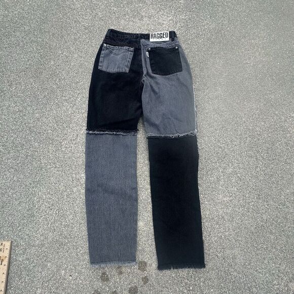 Ragged Priest Jeans Womens 28 Straight Quarter Panel Patch Black Gray Colorblock - Picture 8 of 9